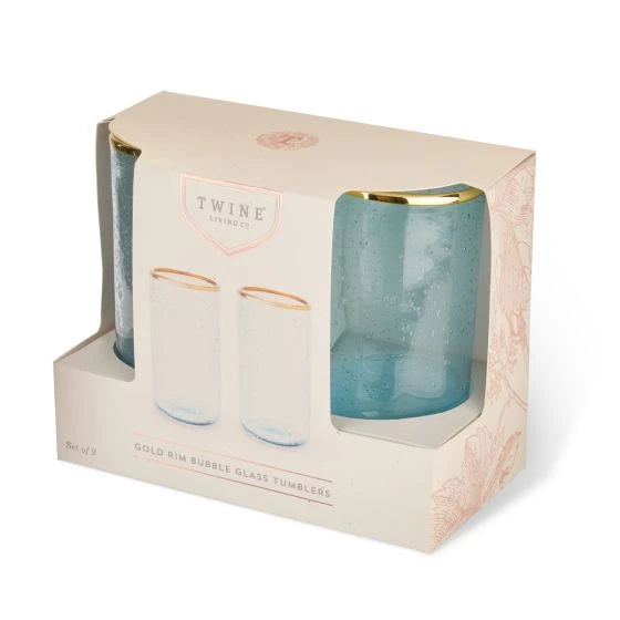 TWINE GOLD RIM AQUA BUBBLE GLASS TUMBLER SET