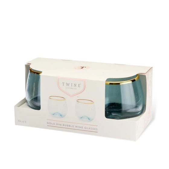 TWINE GOLD RIM AQUA BUBBLE STEMLESS WINE GLASS SET