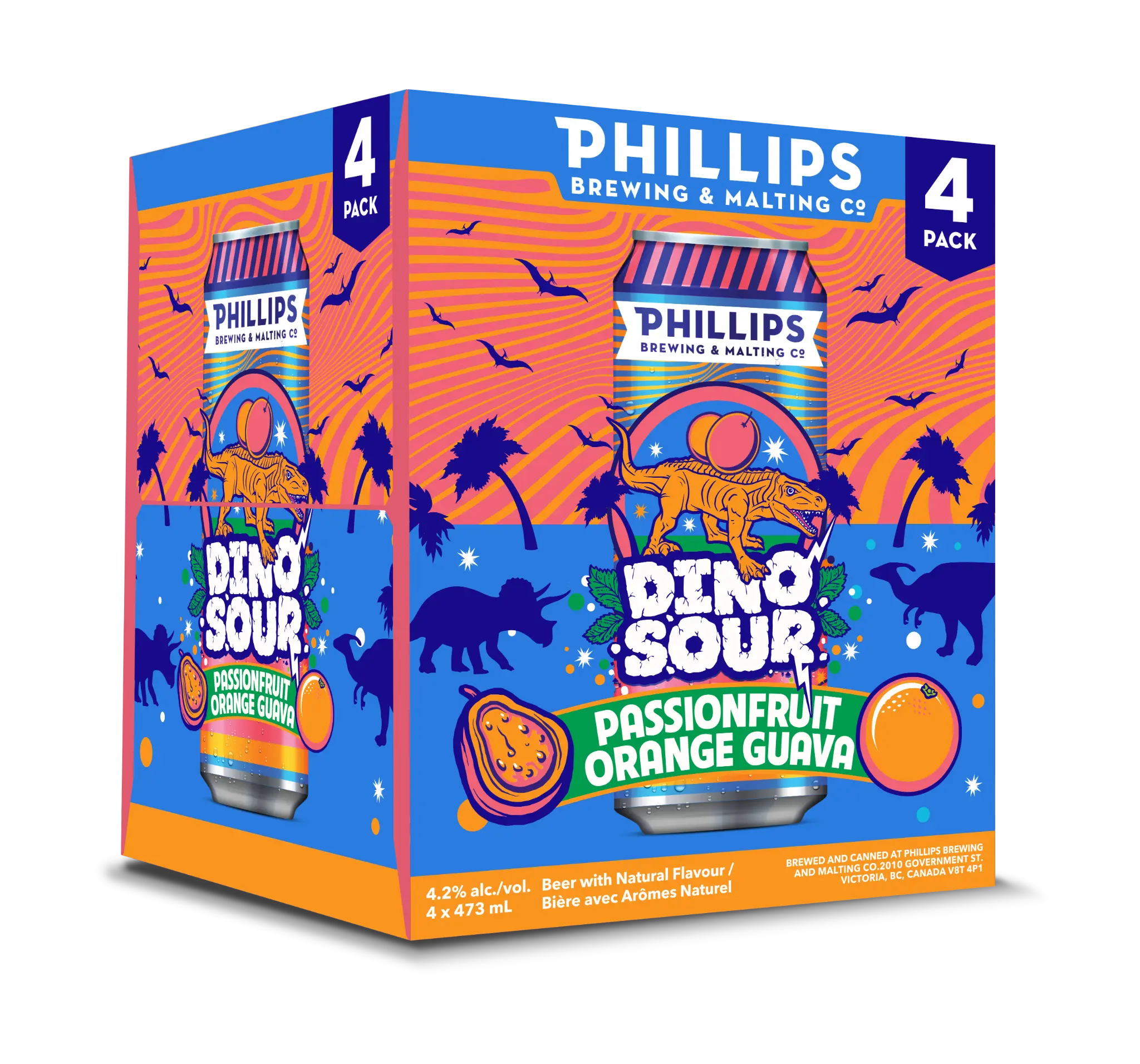 PHILLIPS DINOSOUR PASSIONFRUIT ORANGE GUAVA 473ML 4PK CAN