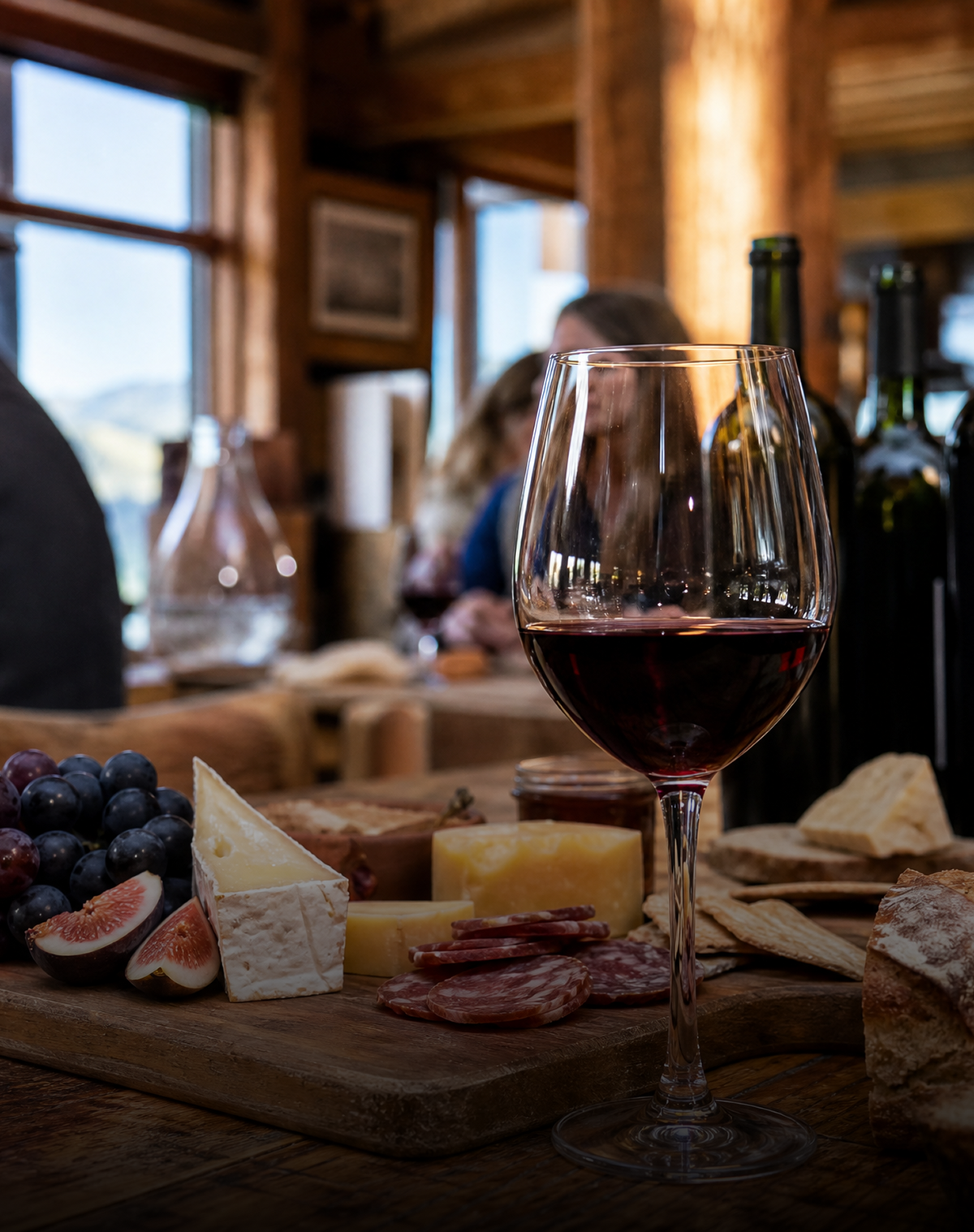 A glass of red wine in the foreground on a wooden table, with cheese, crackers, figs, and grapes arranged on a serving board in a rustic indoor setting. Blurred people and wine bottles are visible in the background.