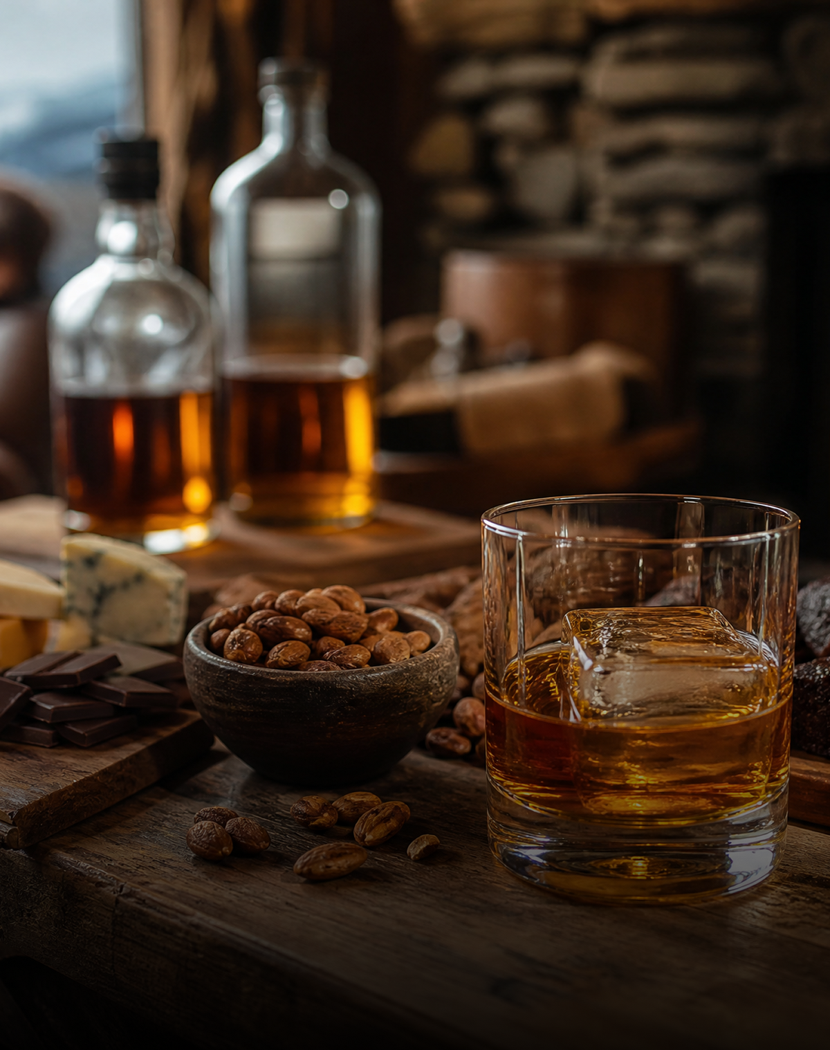 A clear whiskey glass with amber liquor and an ice cube sits on a rustic wooden table, alongside a bowl of almonds, dark chocolate pieces, and two bottles in the softly blurred background.