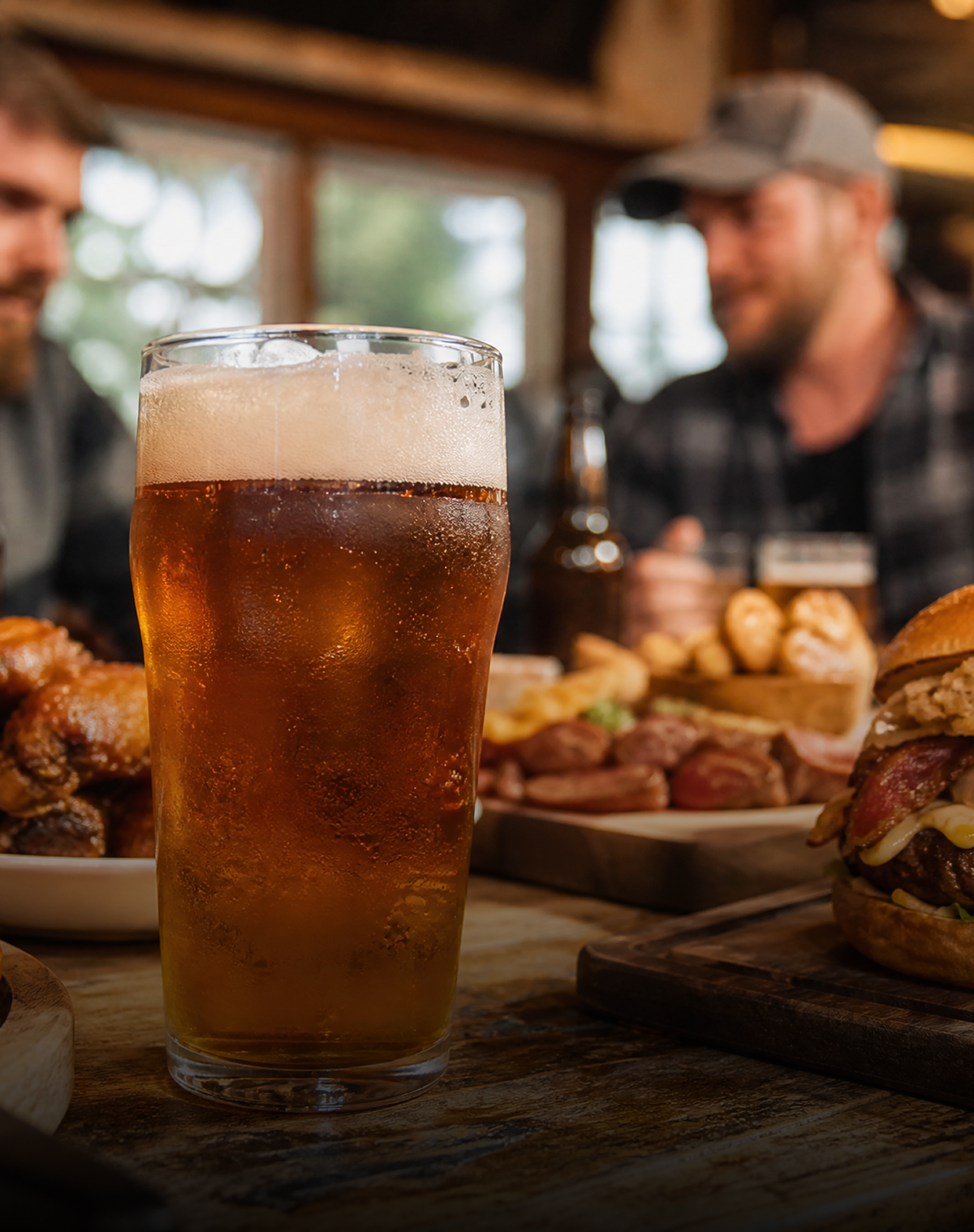 A tall glass of amber beer with a thick white foamy head sits on a rustic wooden table in a restaurant setting, with burgers, fries, and two blurred people in the background.