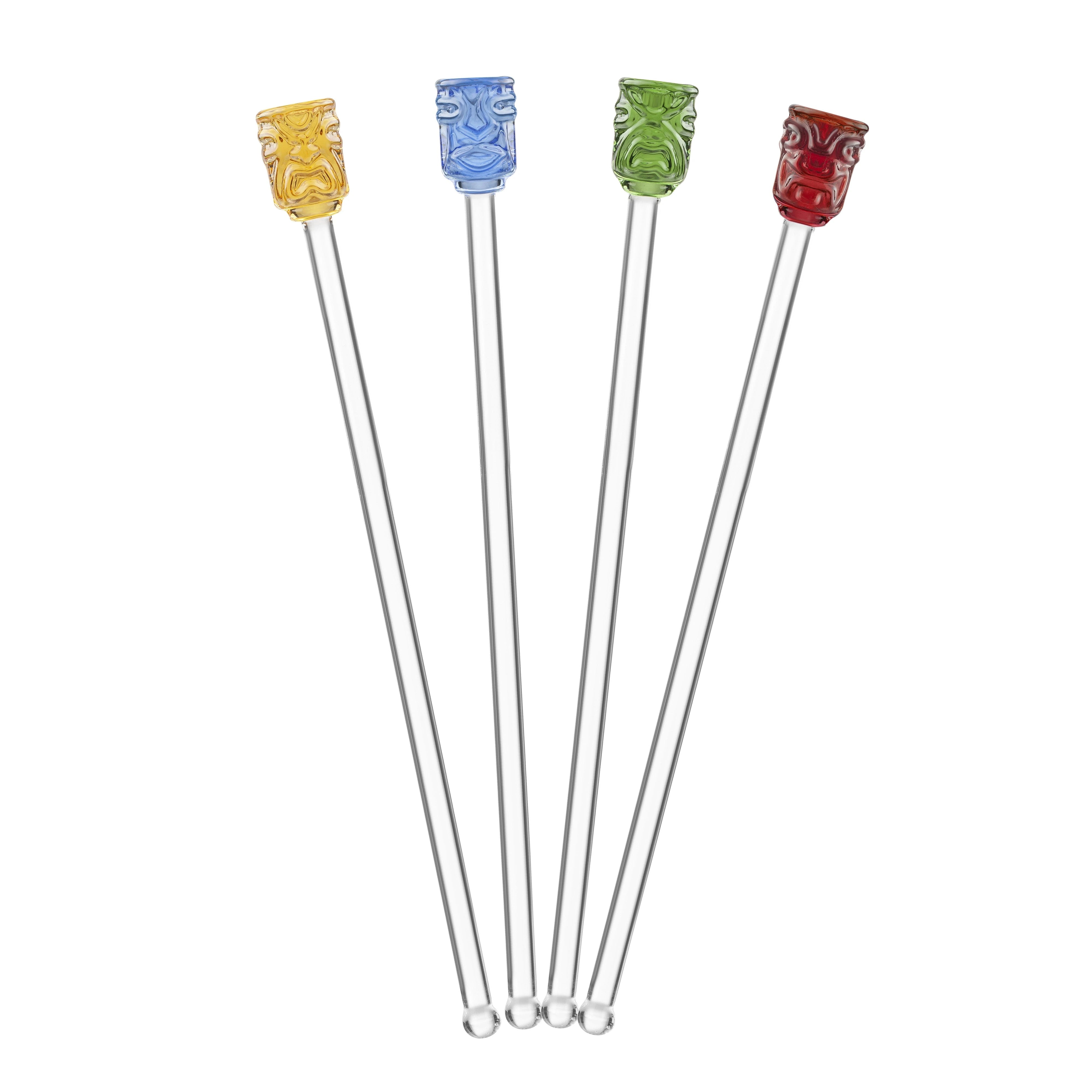 FINAL TOUCH GLASS TIKI HEAD DRINK STIRRERS SET OF 4