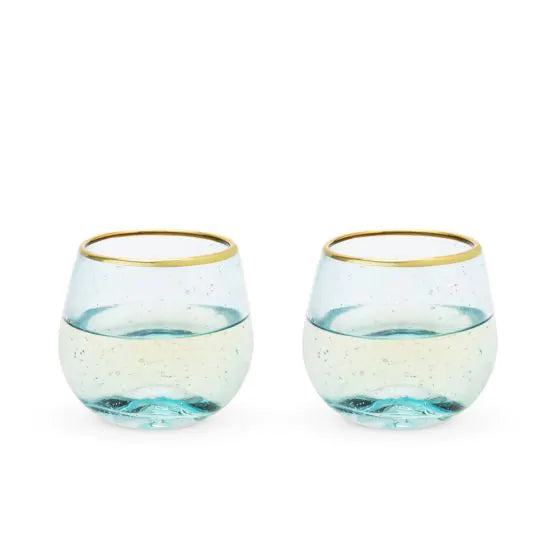 TWINE GOLD RIM AQUA BUBBLE STEMLESS WINE GLASS SET