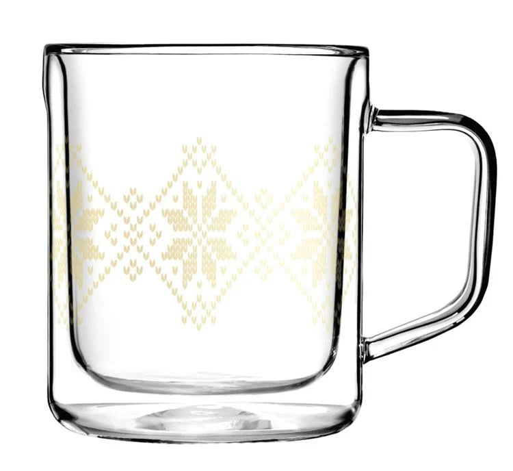CORKCICLE GLASS MUG 12OZ DOUBLE CLEAR FAIRISLE GOLD