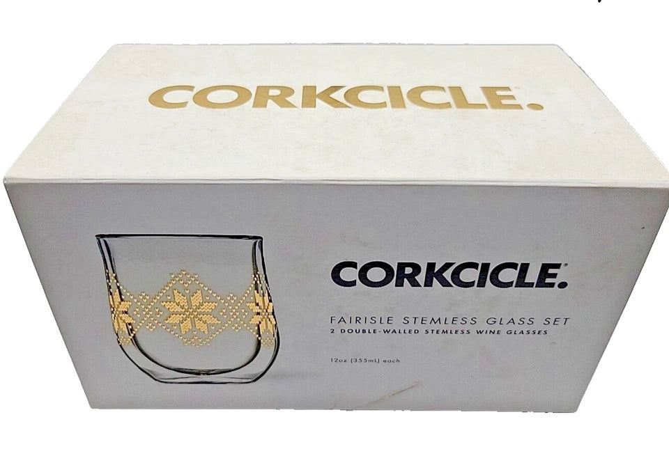 CORKCICLE GLASS STEMLESS 12OZ DOUBLE CLEAR FAIRISLE GOLD