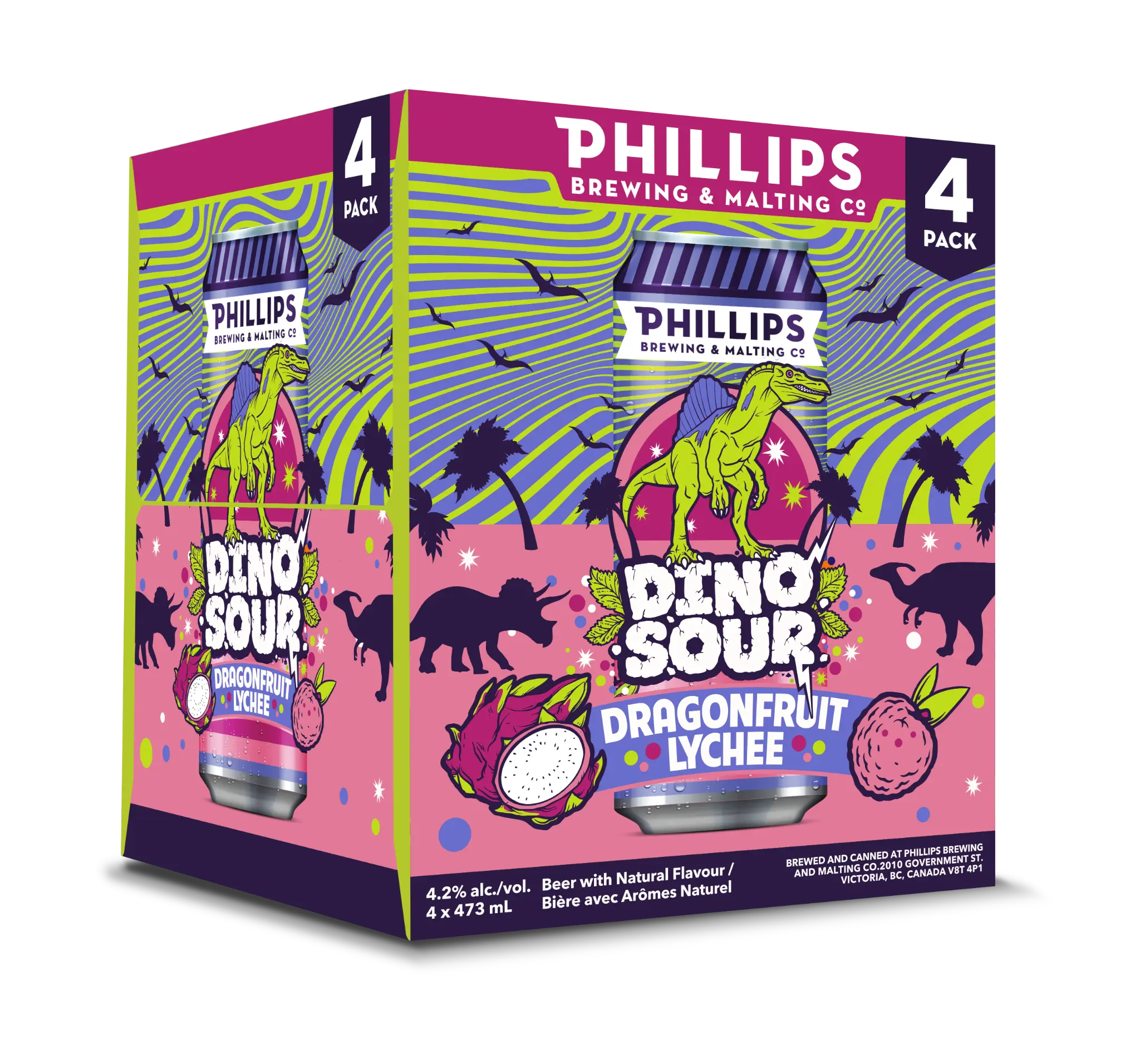 PHILLIPS DINOSOUR DRAGONFRUIT LYCHEE 473ML 4PK CAN